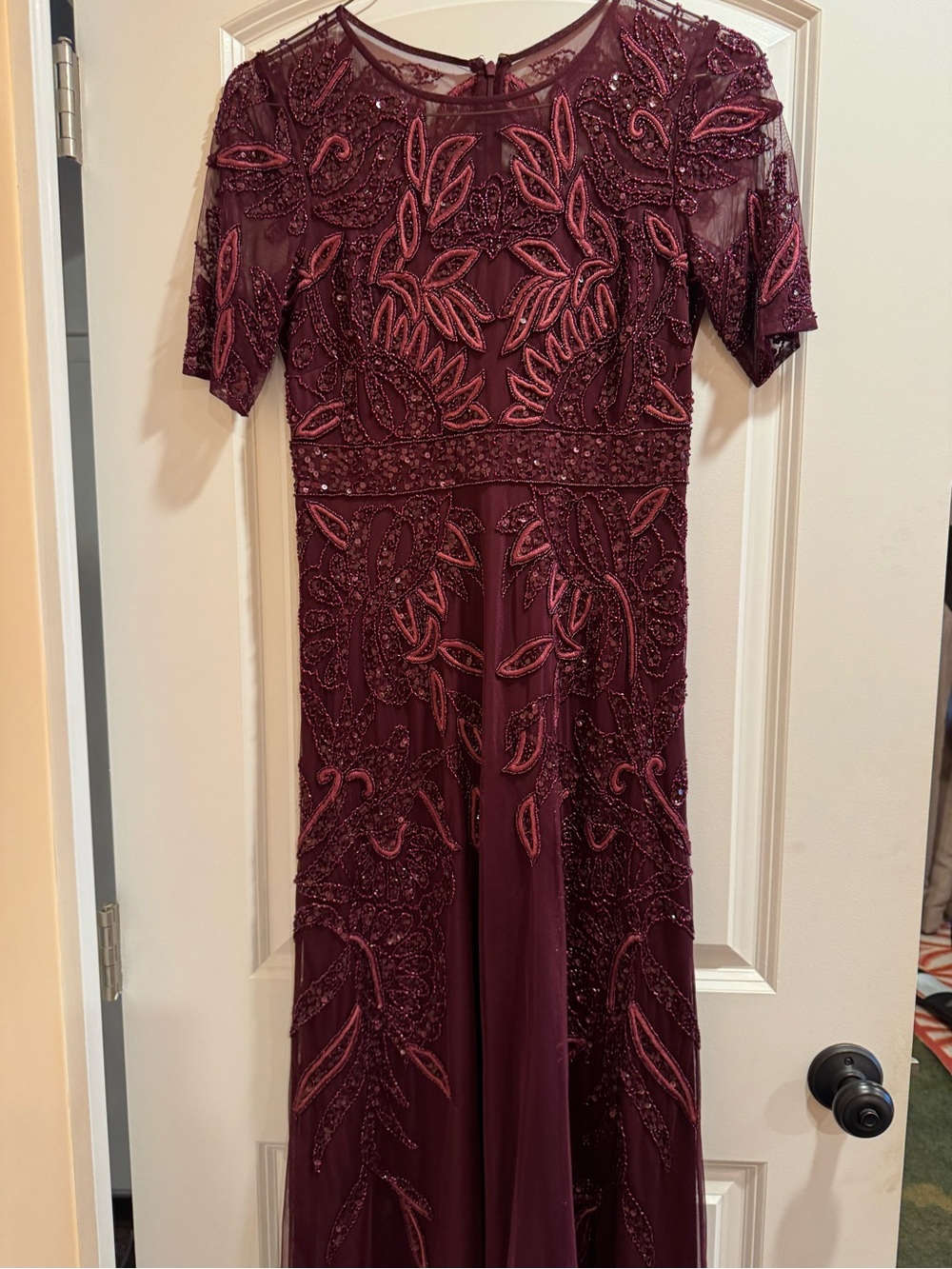 Adrianna Papell Burgundy Beaded Mesh Gown